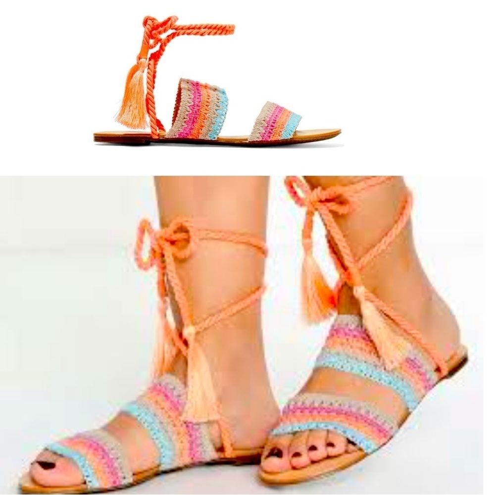 SHUTZ Crochet Knit Sandals Rope Ankle Tie 2 Strap Foot Peach/Pink/Blue SZ 8